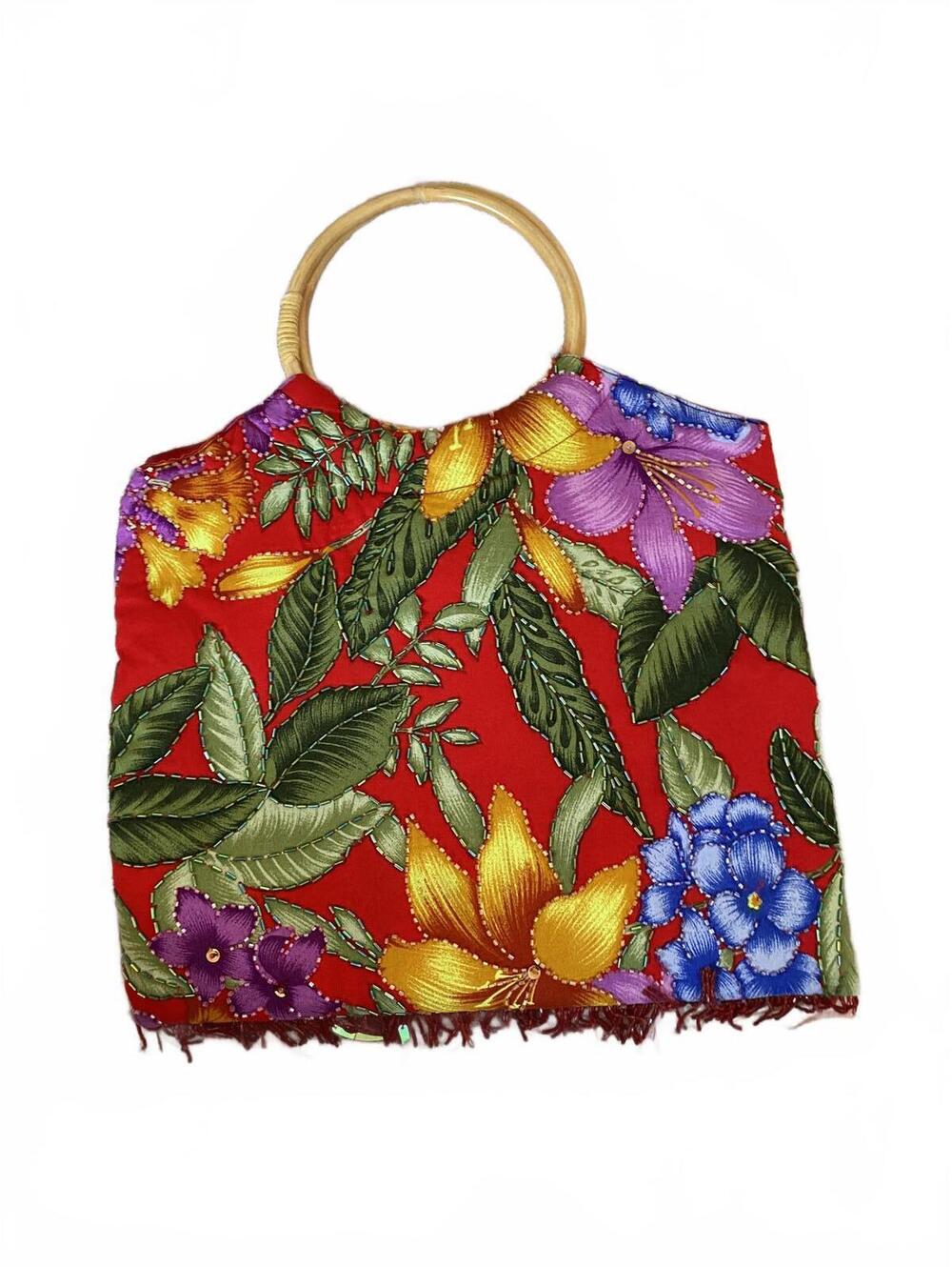 Beaded Tropical Floral Purse Bamboo Handles